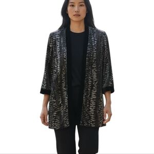 R&M Richards Karen Kwong Layered Top Open Jacket Black Gray Velvet Animal Print